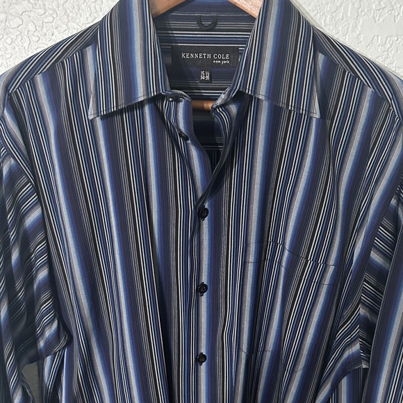 Kenneth Cole Other - Kenneth Cole Men Navy Blue Black Striped Button Down Luxury Shirt Size 34-35 / M
